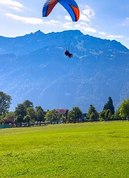 O persoană cu parapanta într-un peisaj natural din Alpii Elvetiei