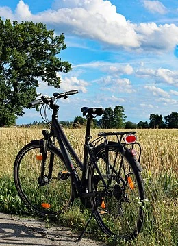 O bicicletă staționată pe un câmp