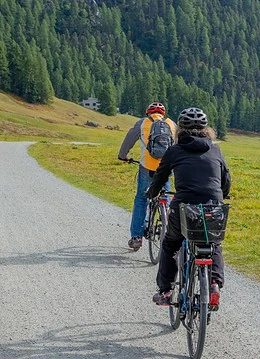 Două persoane într-o zonă de pădure cu bicicleta