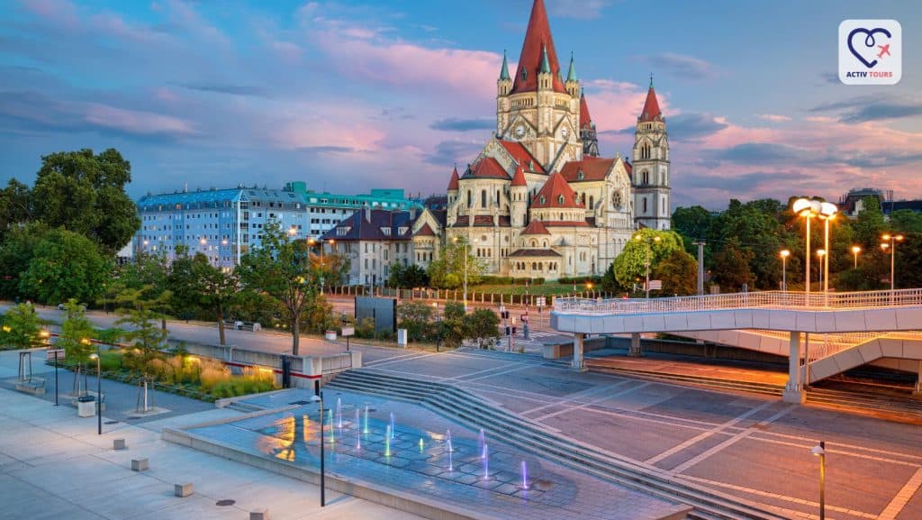 Peisaj panoramic al unei străzi din Viena cu o biserică catolică pe fundal.